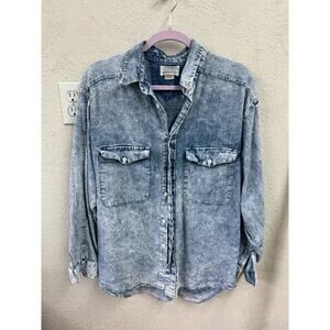 Nuovo Industriale Acid Washed Denim Blue Jean Button Up Shirt Large